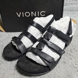 Vionic‎ Amber Black Crocodile Embossed Strappy Adjustable Sandals Women 7M NEW